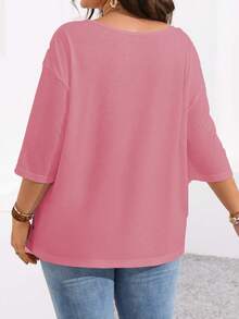 Plus Size Women's Solid Color Round Neck Dropped Shoulder 3/4 Sleeve Casual T-Shirt - Watermelon Pink - View 2
