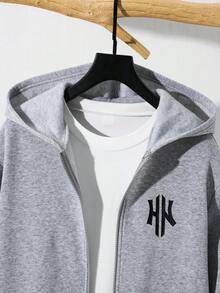 SHEIN 青少年男孩極簡街頭風秋冬休閒日常穿著校園拉鍊連帽衛衣 - 灰色 - 查看 6