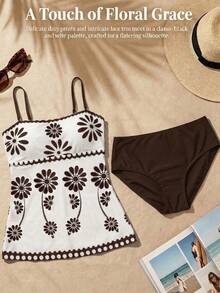 Swim Lushoire 2 pièces Ensemble de bikini à imprimé floral vert haute élasticité pour femmes, comprenant un Top bandeau à imprimé floral et un bas triangle de couleur unie. Ensemble de bikini élégant pour la plage au printemps/été - Multicolore - Voir 5