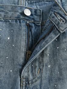 SHEIN Shorts vaqueros casuales de verano para adolescentes con bolsillos en diagonal y lavado con diamante de imitación - Azul lavado medio - Ver 5