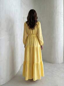 Yasmyna Women's Solid Color Long Sleeve Round Neck Bow Knot Button Arabian Dress Going Out - Yellow - View 2