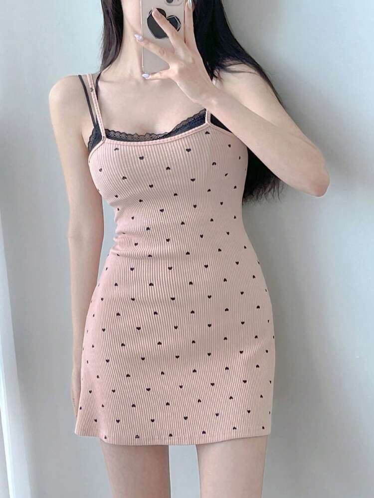 Women's Heart Pattern Print Sweet Fitted Camisole Dress