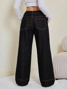 SHEIN PETITE 娇小款女士高腰深蓝色阔腿牛仔裤，休闲日常及办公裤装；女士高腰阔腿牛仔裤，休闲夏季优雅日常穿搭；女士宽松口袋喇叭裤休闲牛仔裤 - 深色水洗藍 - 查看 3