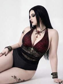ROMWE Goth 2026新款春夏大尺碼女款度假海灘蜘蛛網網格掛脖式分體式比基尼套裝 - 彩色 - 查看 1