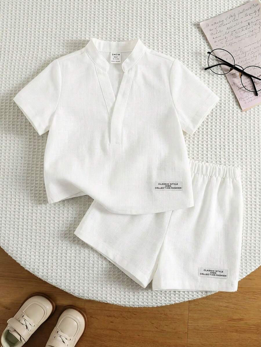SHEIN 男婴夏季休闲衬衫短裤两件套 - 白色 - 查看 1