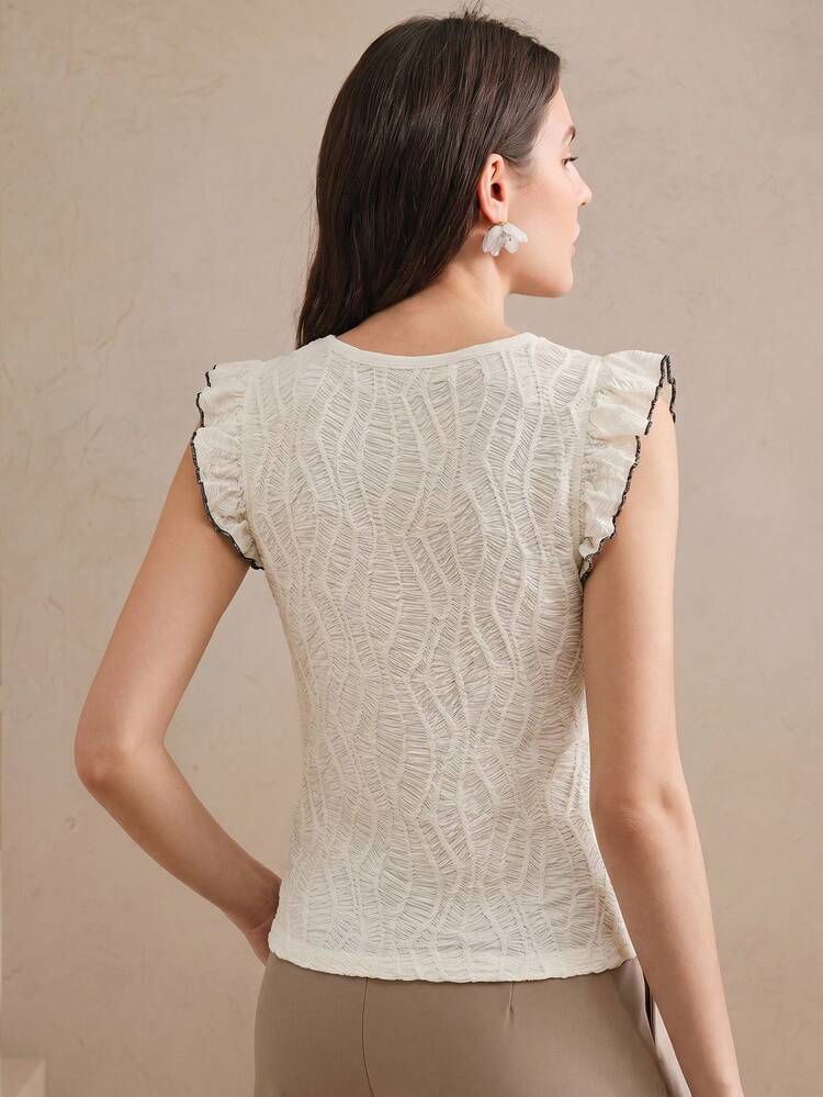 Women's Elegant Contrast Trim Round Neck Cap Sleeve Sweet Graceful Personalized Apricot Spring/Summer T-Shirt, Spring/Summer Top