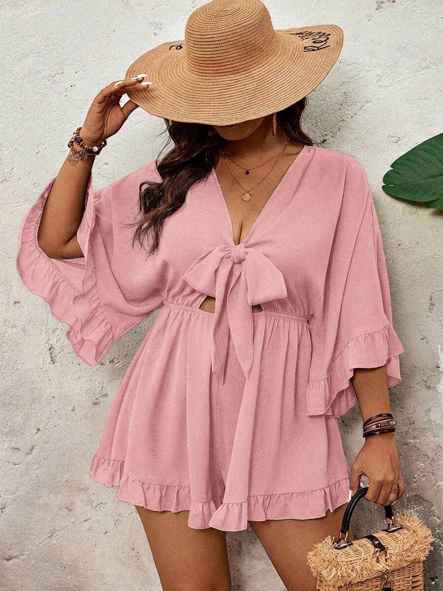 SHEIN VCAY Mono de talla grande para vacaciones de unicolor, manga de murciélago, bajo con volantes, cintura con lazo - Rosa - Ver 1