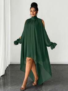 Maweii Plus Size Women's Solid Color Chiffon Off-Shoulder High-Low Pleated Dress Fall - Dark Green - View 4