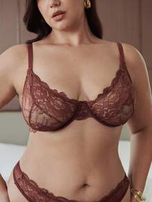 Slumbrini 1 Set Women Plus Size Solid Color Lace Underwire Comfortable Bra Set, Lift - Redwood - View 7
