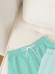 SHEIN Teen Boys Swimwear Woven Solid Color And Blue-And-White Striped Two Pieces Beach Pants With Drawstring Adjustable, Suitable For Vacation And Summer. - Mint Blue - View 3
