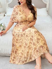 Modelyn Vestido de mujer de primavera/verano con estampado floral, amarillo pálido, de punto de malla, cuello en V, cintura ceñida, talla grande - Amarillo claro - Ver 6