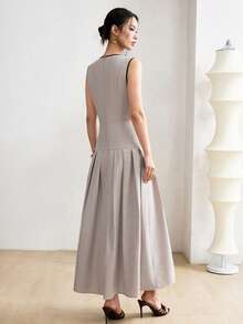 Heiryn Women's Contrast Trim Round Neck Pleated Casual Party Long Dress - Apricot - View 6