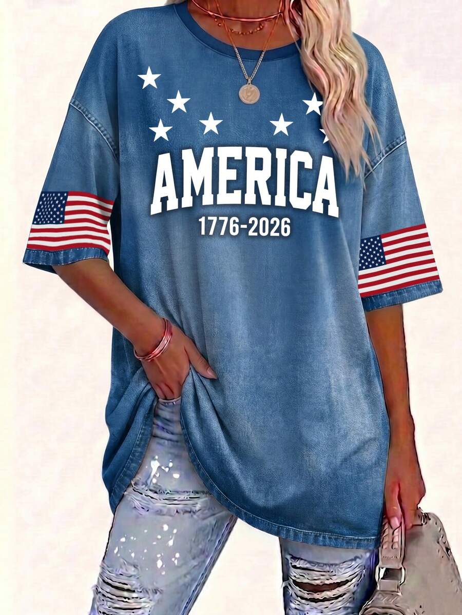 EMERY ROSE Plus Size Women's Independence Day USA American Flag Print Short Sleeve T-Shirts,Blue And White Sum - Multicolor - View 1