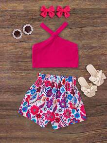 SHEIN Baby Girl Knitted Solid Color Top And Flower Pattern Shorts Set For Summer Vacation - Hot Pink - View 3