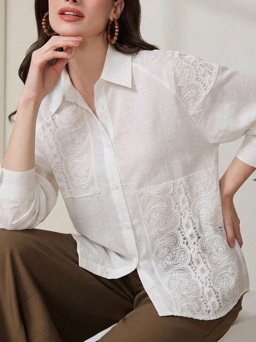 Veilorie 小众设计几何刺绣衬衫 - 米色 - 查看 1