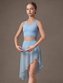 SHEIN Tween Girl Solid Color Tank Top & Skirt Sports Set - Black - View 5