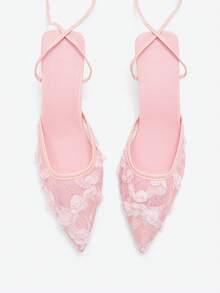 Eladyva Ladies Lace-Up Mesh Floral Closed Toe Sandals 7cm Stiletto Pointed Toe Ankle Strap High Heels, Pink Roman Style Fairy Shoes - Pink - View 11