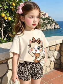 Summer Baby Girl Casual Multi-Piece Set, Brown & Apricot Leopard Print Cartoon Rabbit Pattern, Round Neck Short Sleeve T-Shirt & Shorts - Multicolor - View 4