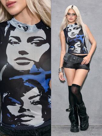 ROMWE Avant Women's Retro Baddie Unisex Street Style Mock Neck Sheer Sexy Face Print Top