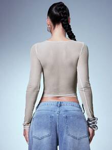 Denimoi Mesh Long Sleeve Top With Lace Up Corset Detail Sexy Tops Sheer Tops Concert Outfits GNO - Grey - View 2