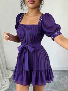 Modelyn Purple Square Neck Pearl Decor Lace-Up Waist Puff Short Sleeve Pleated Textured Fabric Women's Short Dress Dinner Date Deep Purple Summer Elegant - Purple - View 9