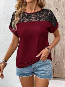 EMERY ROSE Women's Designer Street Style Lace Patchwork Contrast Color Round Neck T-Shirt - Burgundy - View 4