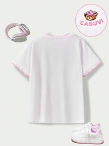 Casuvi Kids Casuvi 青少年女孩 T-Shirt 1 件，彈性針織舒適面料套頭圓肩 T-Shirt，卡通熊印花裝飾，領口與袖口定位印花仿貝殼設計，適合春夏日常休閒穿著 - 白色 - 查看 2