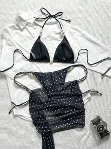 Swim SXY 女款三件式夏季海灘比基尼套裝，圓點印花三角掛脖綁帶上衣配珍珠珠飾，側綁比基尼泳褲及網紗迷你裙，性感海灘泳裝套裝 - 黑色 - 查看 2