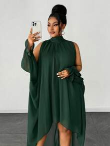 Maweii Plus Size Women's Solid Color Chiffon Off-Shoulder High-Low Pleated Dress Fall - Dark Green - View 7