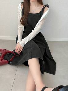 FRIFUL Women's Casual Sleeveless Denim Slit Dress For Summer Cute Tops - Dark Grey - View 6