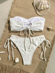 Swim Mod Women's Summer Beach Vacation Textured Starfish Trim Bandeau Bikini Set - White - View 2
