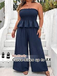 SHEIN CURVE+ Plus Size Women's Spring/Summer Vacation Style Crinkle Fabric Shirred Bandeau Top And Draped Wide Leg Pants 2-Piece Set - Navy Blue - View 7