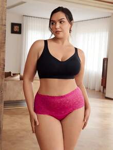 Slumbrini Culottes en dentelle pour grandes tailles, taille haute de contrôle du ventre à motif floral ajouré, sexy et respirant - Rose vif - View 4