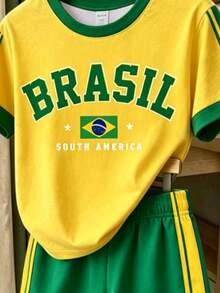 [2 chiếc] Bộ áo thun ngắn tay in chữ phối màu chủ đề Brazil phong cách thể thao cho bé gái tuổi teen + quần short sọc bên hông, độ dày nhẹ thường, bộ 2 món thường ngày cho đi chơi / mặc đi học / đi du lịch cuối tuần, mùa hè / xuân & thu - Nhiều màu - Xem 4