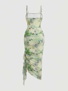 2026 New vestidos casual  Vestido de mujer con unicolor, volantes fruncidos y dobladillo asimétrico, vestido de tirantes azul, conjunto de ropa de verano para mujer, atuendos para despedida - Verde - Ver 2