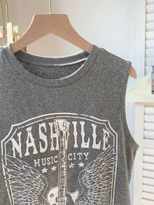 Comfortcana Tank Top Wanita Model Crop Boxy Leher Bulat dengan Motif Gitar, Atasan Musim Panas - Dark Grey - View 6