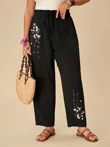 Travachic Plus Size Women's Floral Print Pleated Casual Traditional Boho Versatile Daily Travel Bussines Vacation Long Pants Black And White Autumn Fall - Black - View 4