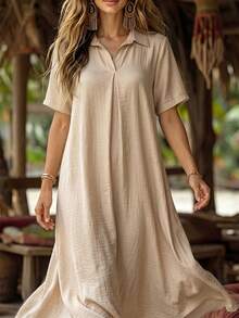 Isle Nomé Women's Casual Modest Vacation Loose Faux Linen V-Neck Pleated Bohemian Style Short Sleeve Dress For Spring And Summer Light Beige - Khaki - View 4
