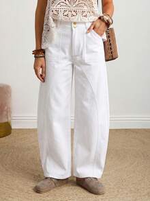 EMERY ROSE Plus Size Solid Color Slant Pocket Casual Straight Leg Jeans - White - View 5