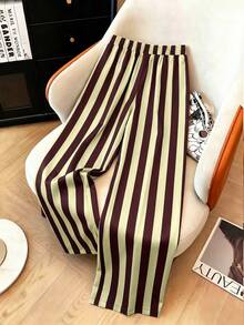Franclia Plus Size Spring Summer Casual Vacation Brown & Blue Striped Straight Leg Pants With Real Pockets Fall - Multicolor - View 2