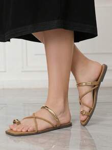 Sleekvia Chanclas planas cómodas y resistentes al desgaste para mujer, versátiles, con metal, para exteriores - Vellón - Marrón - Ver 7