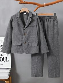 SHEIN 2pcs/Set Tween Boy Summer Casual Academy Cute Gentleman Solid Color Blazer & Elastic Waist Formal Pants Set, Suitable For Birthday Party, Evening Party, Performance, Wedding - Grey - View 4