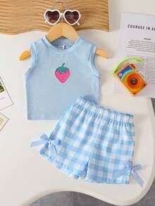 SHEIN Playful Pals BABY GIRL Summer Blue Set Textured Sleeveless Top Blue Plaid Shorts Decorated With Blue Bow Daily Outing Essential - Blue and White - View 1