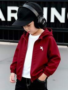 SHEIN Genkimix Kids 1件小男孩休閒簡約街頭連帽長袖外套，時尚休閒設計，適合夏季穿著，適合4-7歲男孩日常穿著，適合運動、出遊、校園、返校季節 - 酒紅色 - 查看 1
