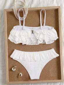 Bonvoyette Women's Spring/Summer Jacquard Fabric Spaghetti Strap Bandeau Pleated Bikini Set - White - View 5
