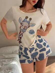 Women's Casual Fun Giraffe Print Pajama Set - Apricot - View 4