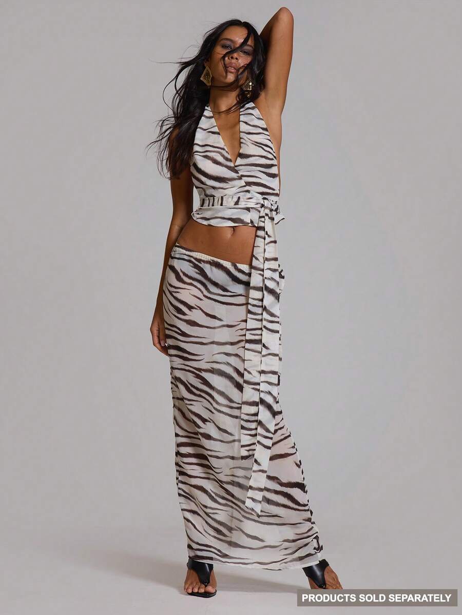 MUSERA Printed Low Rise Mesh Maxi Skirt Summer Holiday Vacation Beach Club Sexy Casual Festival Ibiza Elegant Obsidian - Multicolor - View 1