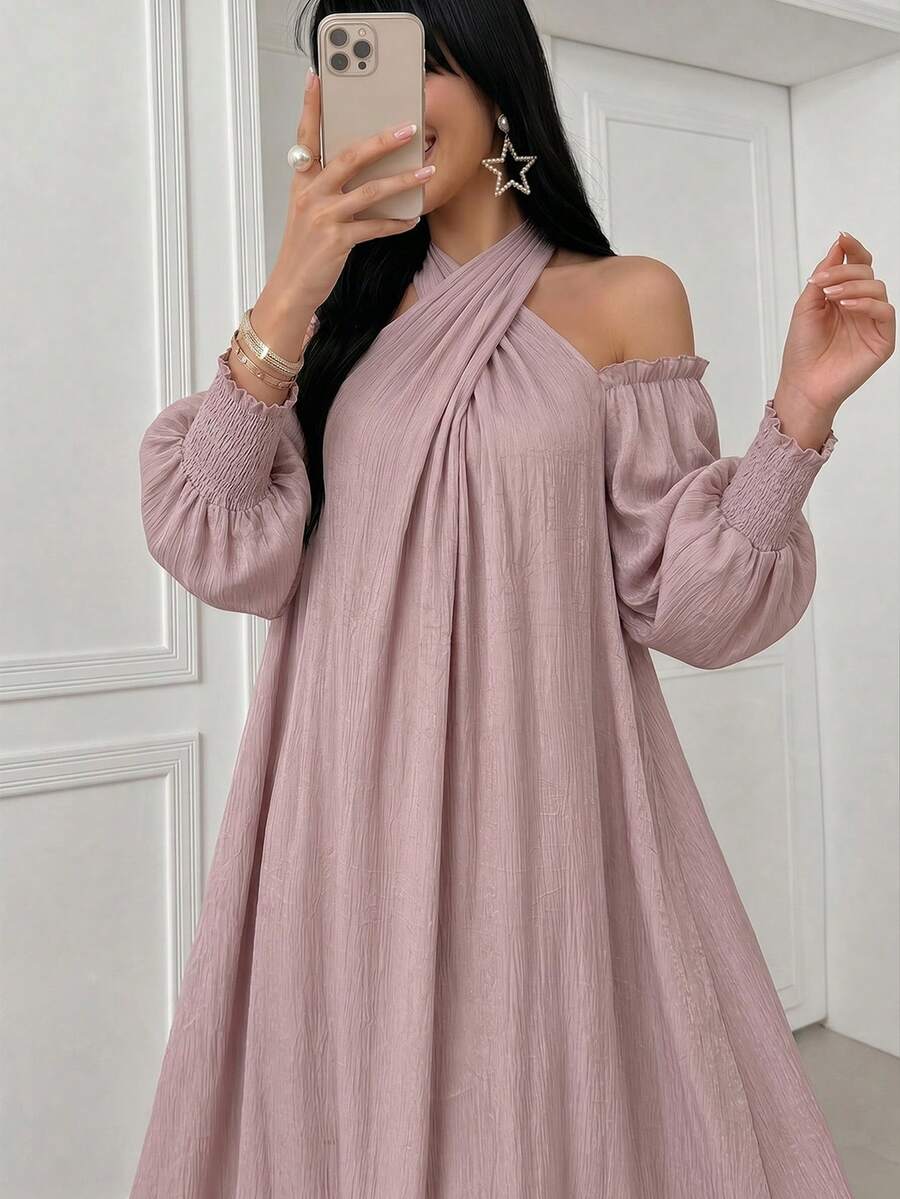 Yasmyna 女士春夏粉色长袖交叉扭结露背A字优雅浪漫阿拉伯风连衣裙
