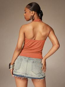 Denimoi Women's Asymmetric Metal Decor Halter Top Vacation Burnt Orange Summer Sexy Y2k - Coral Orange - View 5