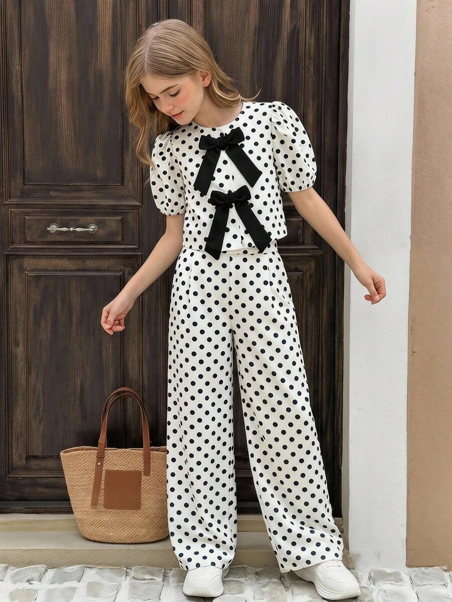 SHEIN LMoss Kids Tween Girl Casual Elegant Commuter Vintage Black & White Polka Dot Contrast Color Large Bow Round Neck Blue Puff Sleeve Front Center Black Bow Top & Straight Leg Long Pants Set, Tween Girl Outfit 2pcs - Black and White - View 1